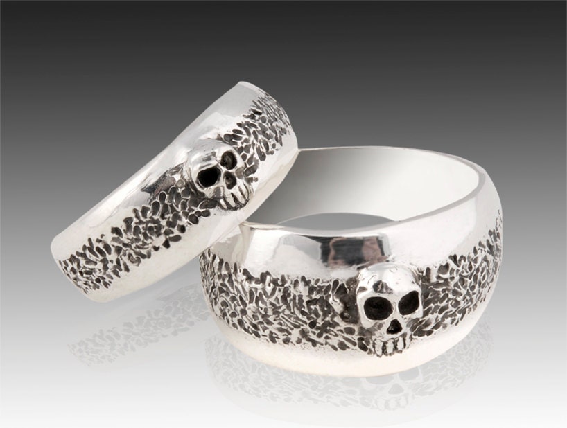 Silver Skull Wedding Ring Set Solid Sterling Silver Wedding