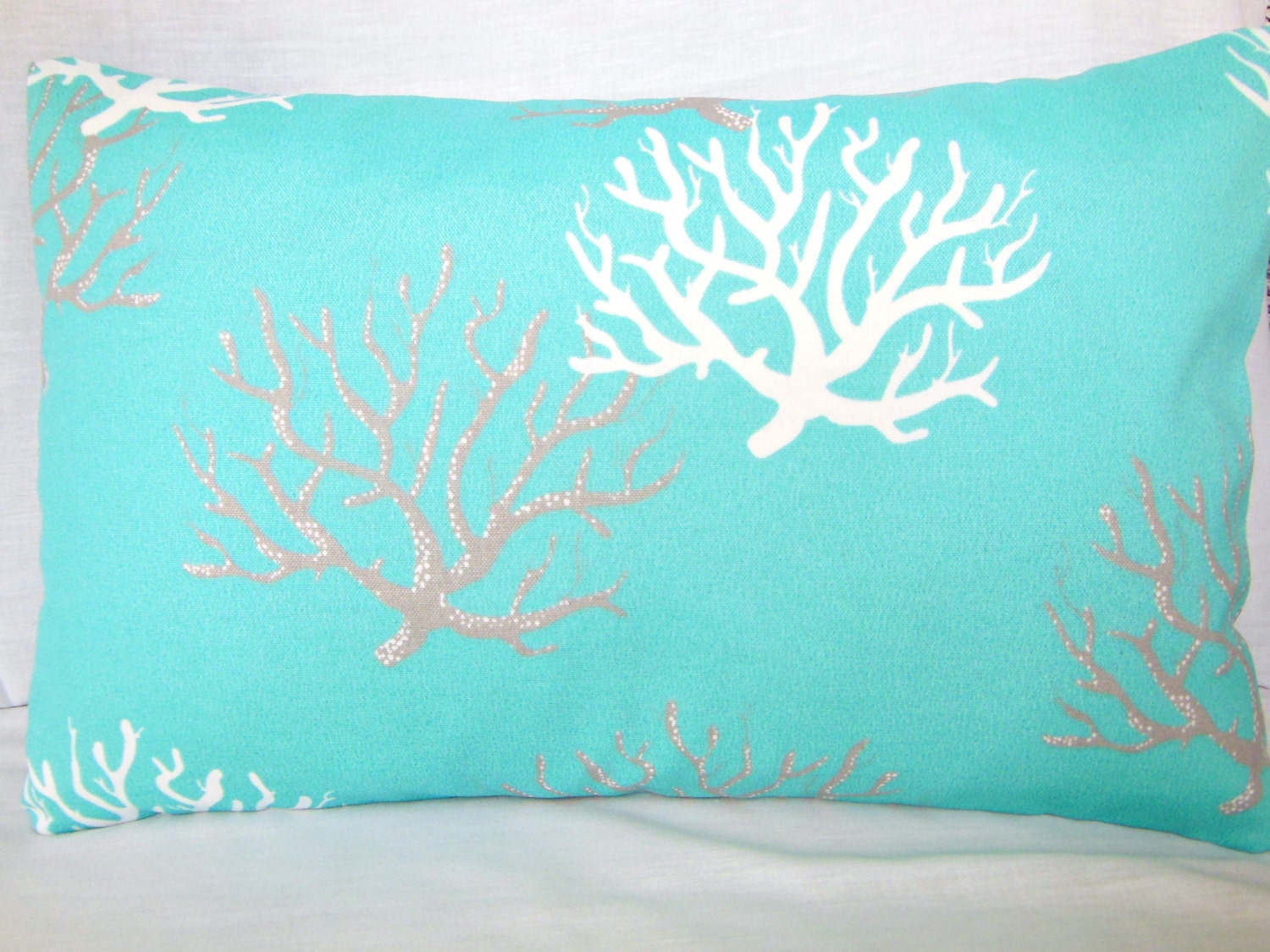 Aqua Gray OUTDOOR Coastal Throw Pillow COVER Aqua Gray White