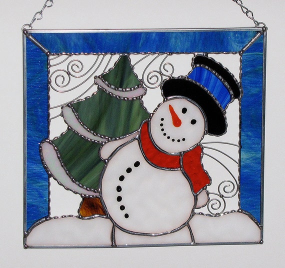 Christmas Holiday Stained Glass Panel Winter Cold Snowman