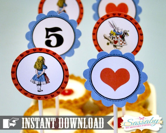 Alice in Wonderland Party Circles/Cupcake Toppers - INSTANT DOWNLOAD - Editable & Printable Birthday Decorations by Sassaby Il_570xn