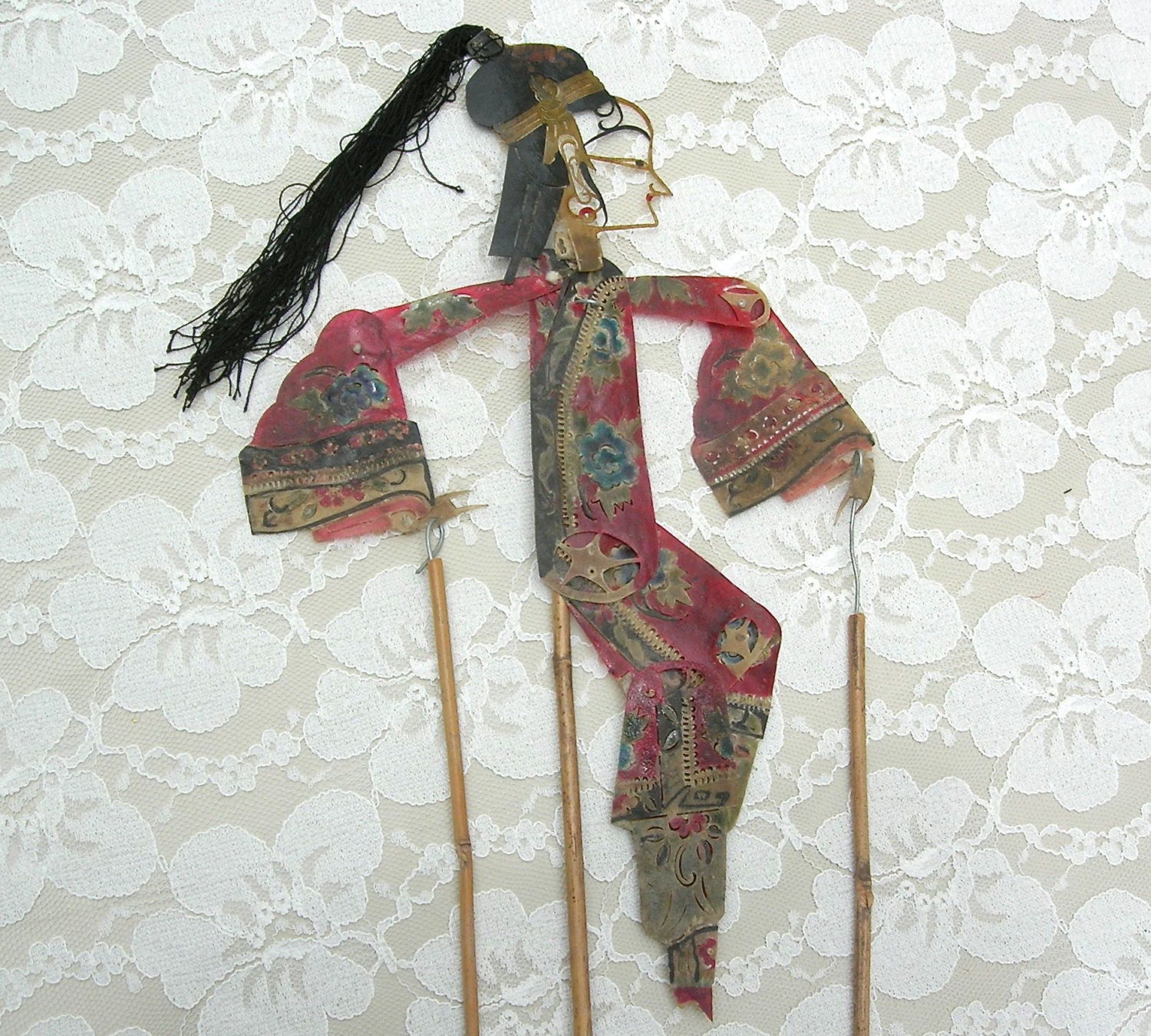 Rare Antique Chinese Mandarin Shadow Stick Puppet Elegant