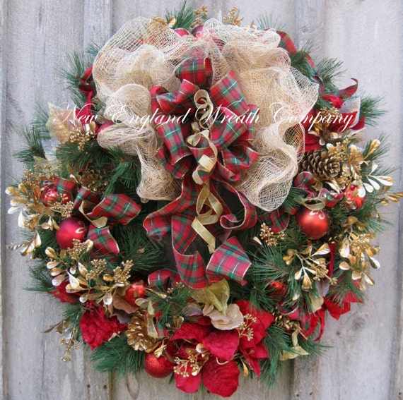 Christmas Wreath, Holiday Wreath, Poinsettia Wreath, Designer Christmas Wreath, Elegant Holiday Décor