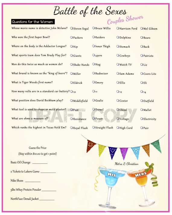 Battle of the SexesCouple Shower GameTrivia