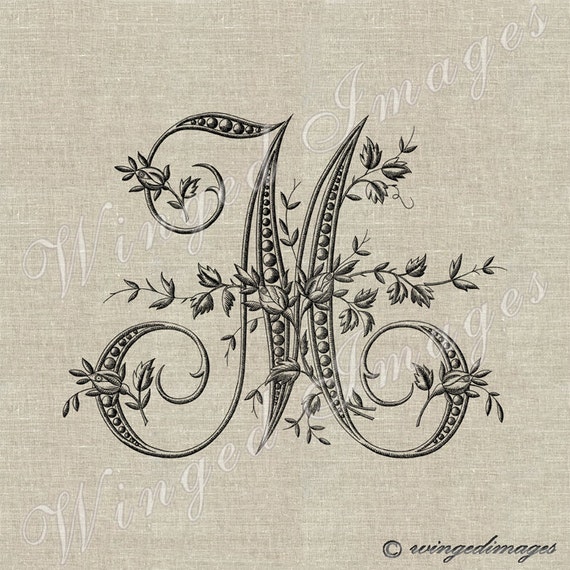 Antique French Monogram Letter M Instant Download Digital Image No.229 Iron-On Transfer to Fabric (burlap, linen) Paper Prints (cards, tags)