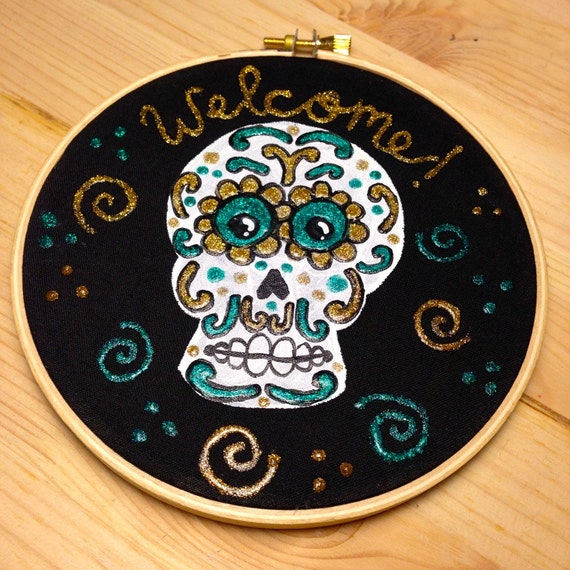 Sugar Skull Welcome Hoop Art in Turquoise and Gold Glitter