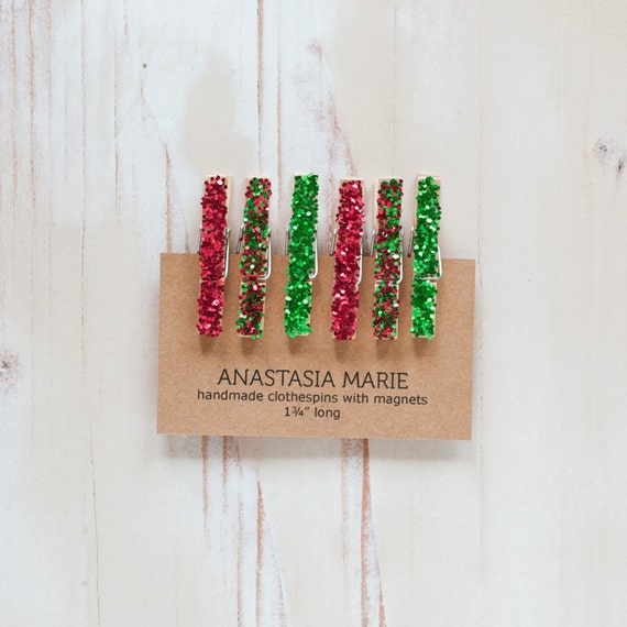 6 - Mini Holiday Metallic Red + Green Glitter Clothespins with Magnets