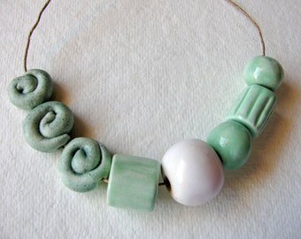Sea Green Beads Set (8) Handmade Clay
