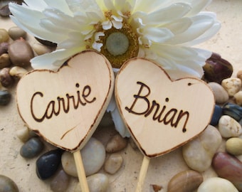 Wedding or Engagement Cake Toppers Personalized with YOUR Names on Each Wood Heart Rustic Chic