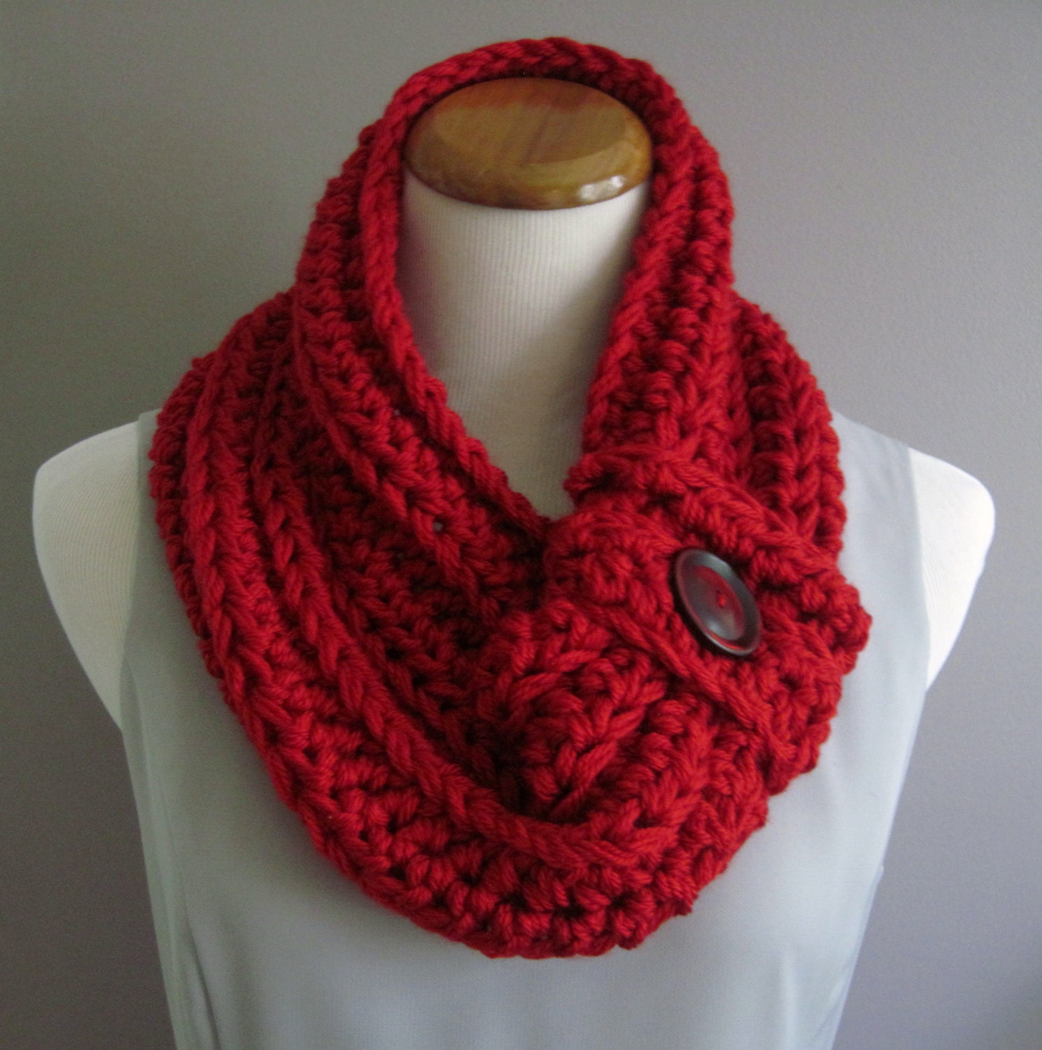 Chunky Bulky Button Crochet Neck Warmer Cowl Ruby Red
