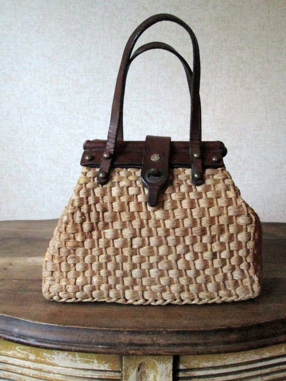 John Romain Straw Handbag vintage 70s woven straw leather trim preppy ...