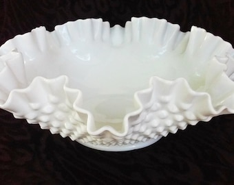 Vintage Milk Glass Large Fenton Hobnail Bowl with Double Ruffle Edge - Wedding Decor - Centerpiece - Home Decor