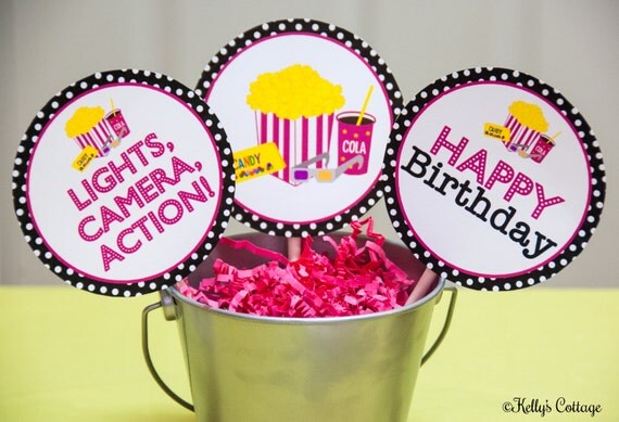Movie Night Birthday 4 Inch Party Circles, Instant Download, Printable, Digital Il_570xn