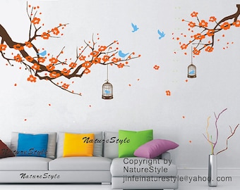 cherry blossom wall decals birds vinyl wall decals nursery wall decals-Plum Blossom with Flying Birds