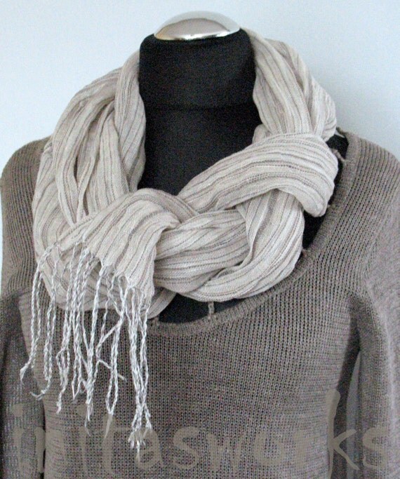 Natural Linen Scarf Striped Unisex White Gray Shawl