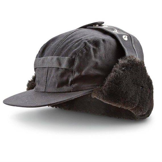 Ear Flap Black Winter Hat // Vintage Military Dutch Cap by exnomad