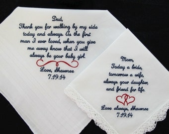 Embroidered Wedding Handkerchiefs for Mother of the Bride and Father of the Bride