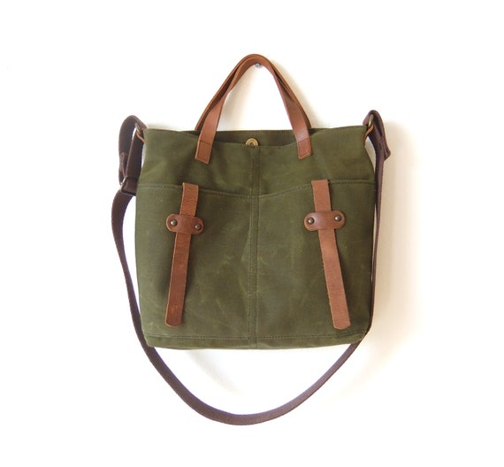Items similar to Waxed canvas tote leather accessories military green ...