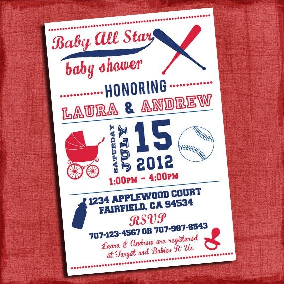 Printable "Texas Rangers" Colors Inspired Baseball Themed Baby Shower 4x6 or 5x7 Invitation- Or Any team colors-DIY Il_570xn