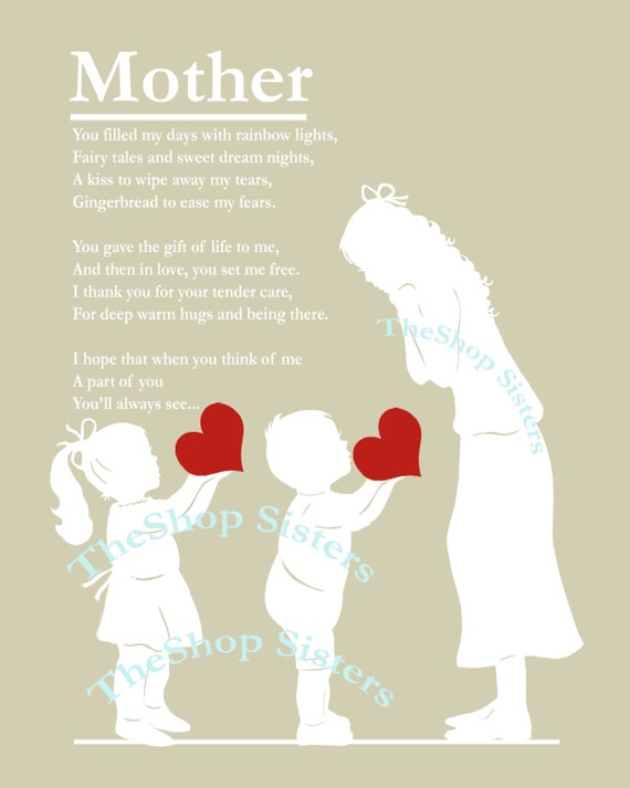Items similar to Mother's Day Daughter Son Poem Heart Silhouette green ...