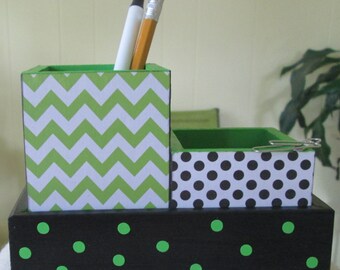 Desk organizer - desk set - small - pencil cup holder set - green chevron - black polka dot - gift