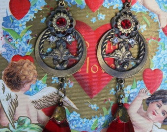 SALE - Circa 1920s / 1930s Antique Art Nouveau / Art Deco Czech Glass Dangle Earrings with Ruby Red-Colored Glass Dangles / Drops