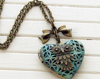 Owl Locket .. verdigris owl locket, heart locket, owl jewellery, green locket, bird locket, owl necklace, small locket