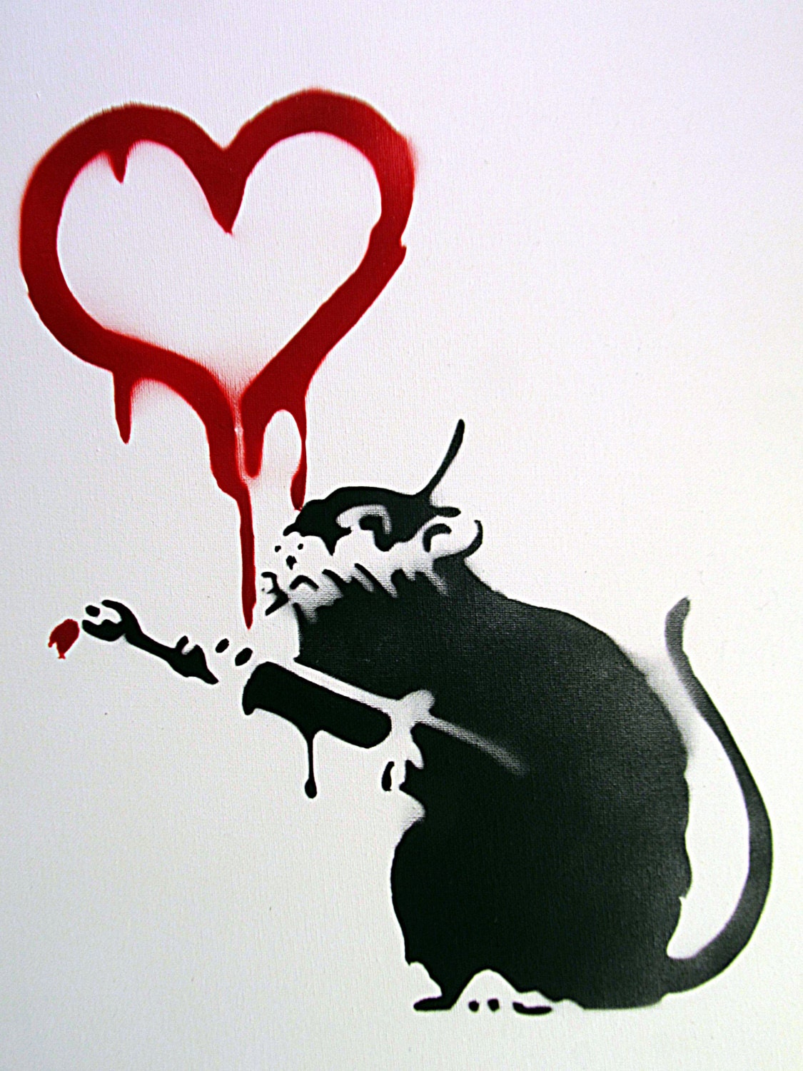 Hand Spray Painted Banksy Rat Painting a Red Heart spray