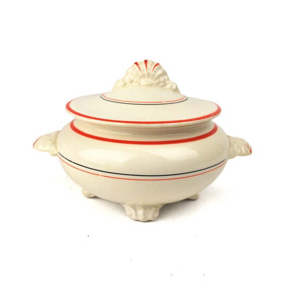 Homer Laughlin Nautilus Footed Sugar Bowl with Lid HL2160 Pattern Red Band and Black Line