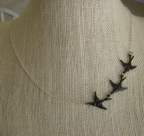 Three Black Birds Ravens swooping Necklace tattoo inspired silver necklace black birds