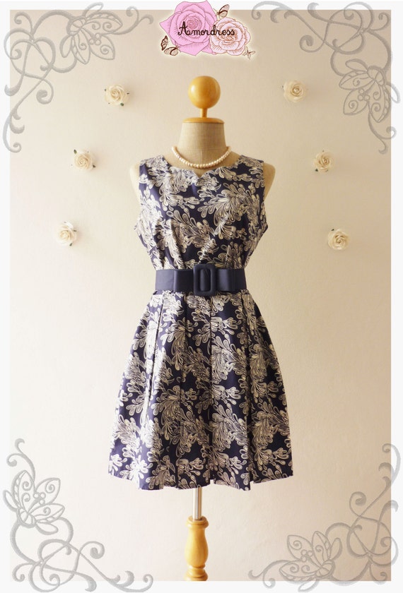 SWEET DAY DRESS: Navy Filigree Dress Mini Navy Dress Sleeveless Dress Pleated Skirt Cute Dress Little Black Dress Summer Dress-Size S