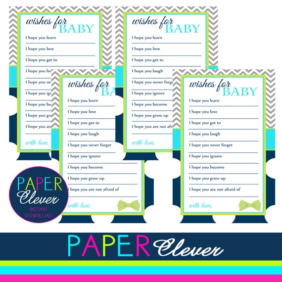 Baby shower wishes game, bowtie, navy, aqua - instant download (#2123A) Il_570xn