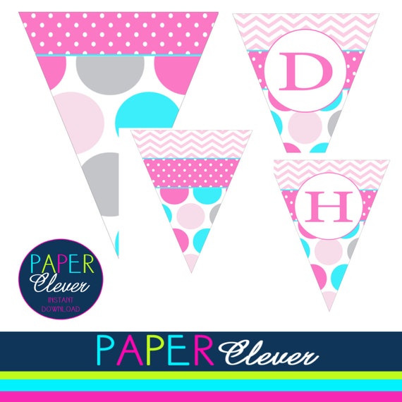 Happy Birthday banner, girl, pink, aqua, gray- instant download, (#122A) Il_570xn