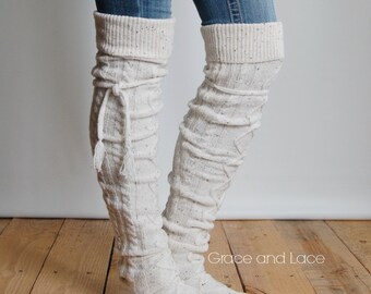 Alpine Thigh High Slouch Sock - TWEED thick cable knit socks w/ fold over cuff