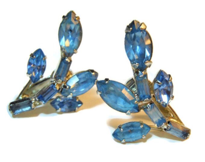 Blue rhinestone earrings, wedding climber earrings, something blue clip mid century modern, silver plated