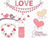 50% OFF SALE Clipart Valentine's Day Love Birds Hearts Mason Jar Set Instant Download Royalty Free Il_170x135