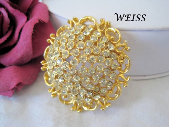 Weiss Rhinestone Brooch - Vintage Yellow Pin - Round Dome Shaped - 60's Pin