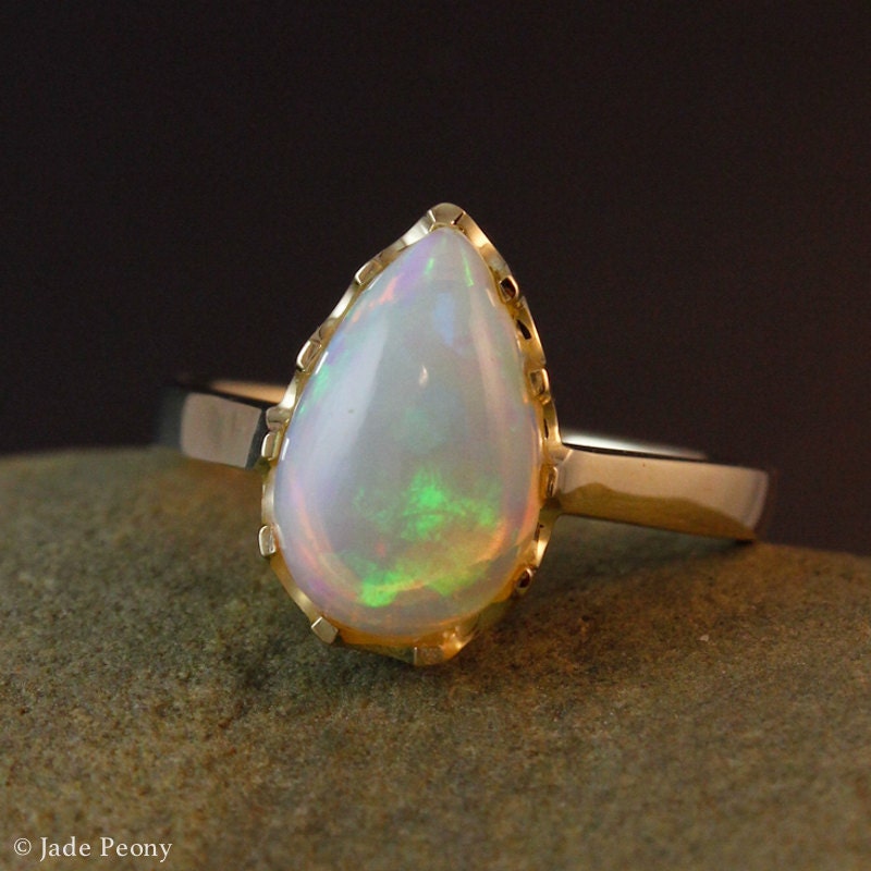10 KT Gold Solid White Opal Ring Teardrop Opal Ring