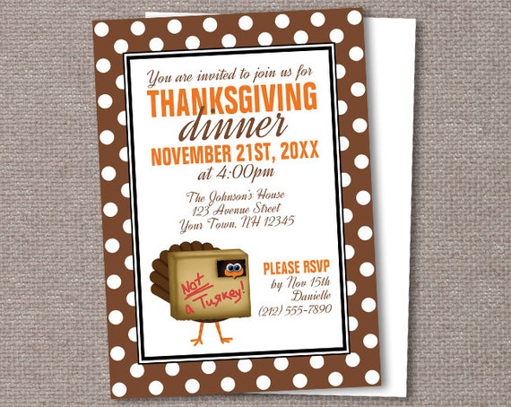 Funny Thanksgiving Dinner Invitations - 10 to 50 PRINTED - Brown Polka Dot Not a Turkey Il_570xn