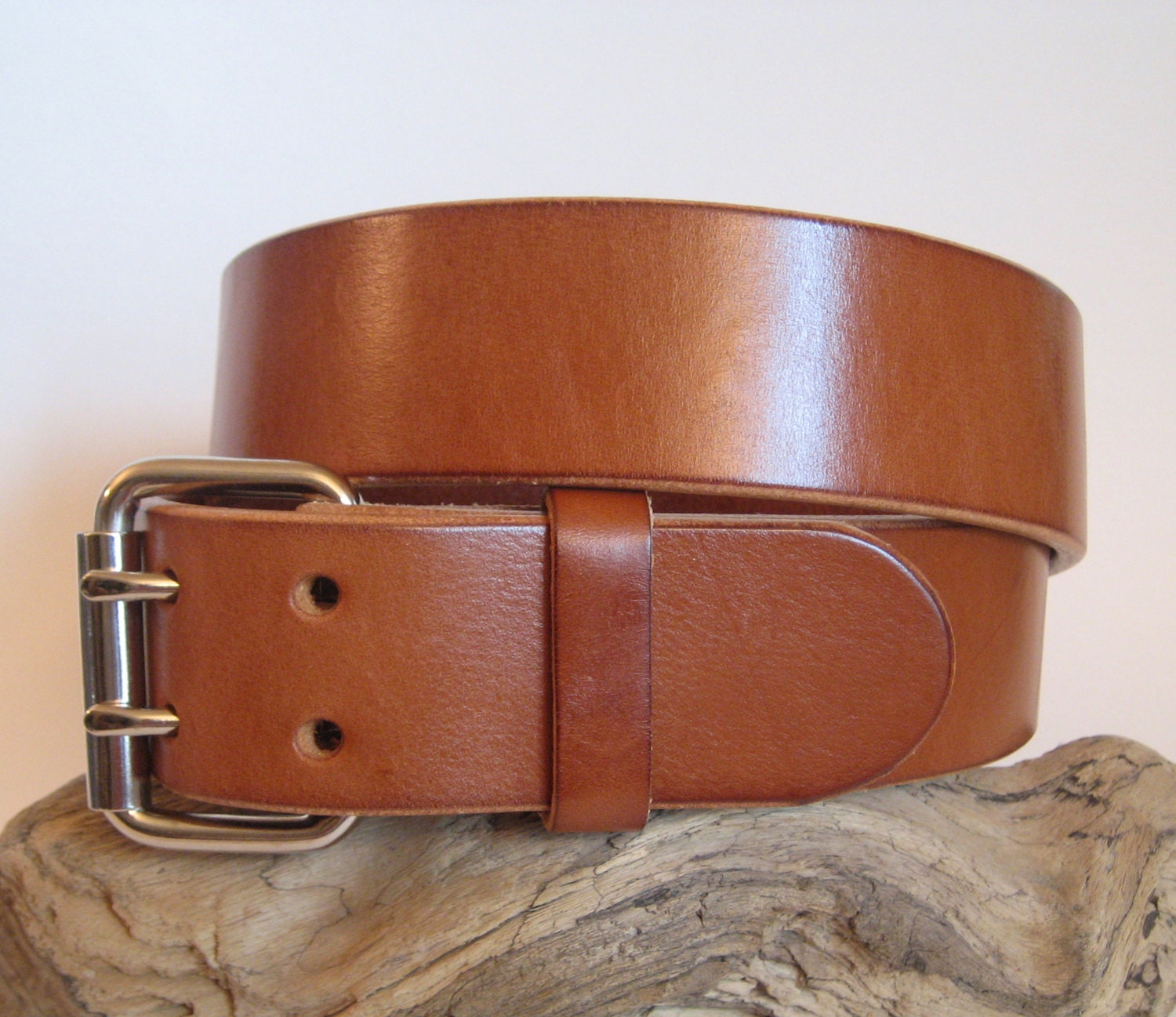 Heavy Duty Leather Belt Suntan Brown 2 Prong by AngelLeatherShop