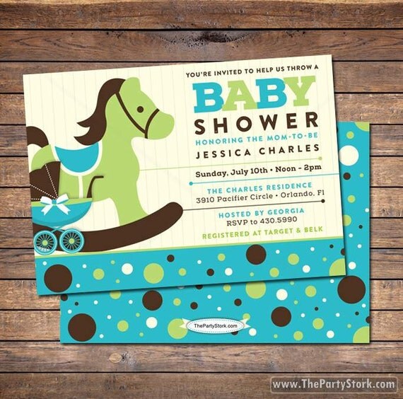 Rocking Horse Baby Shower Invitation blue brown green