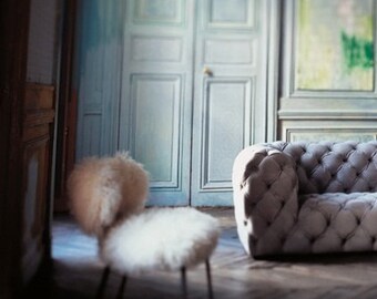 Mongolian Lamb Fur Chair Natural white Sheepskin Mid Century Chair legs