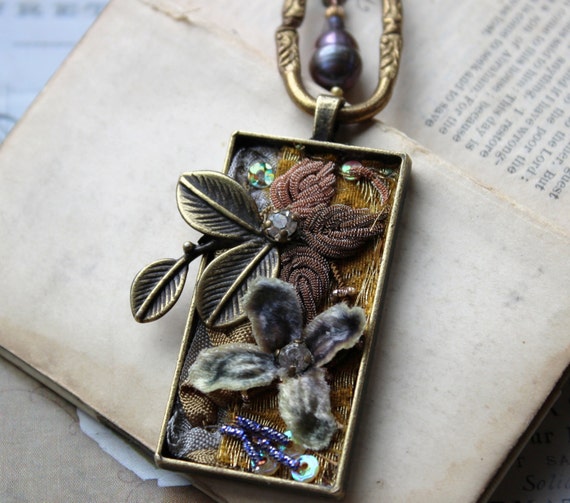 Items similar to Textile Jewelry, Shadow Box Style Necklace, Jewelry with Antique Millinery