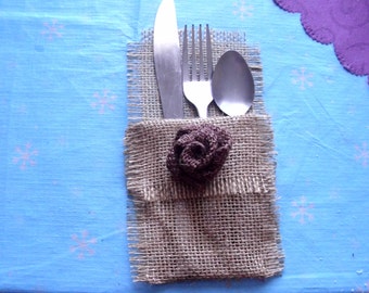 10 Rustic Burlap Silverware Holders with Rose