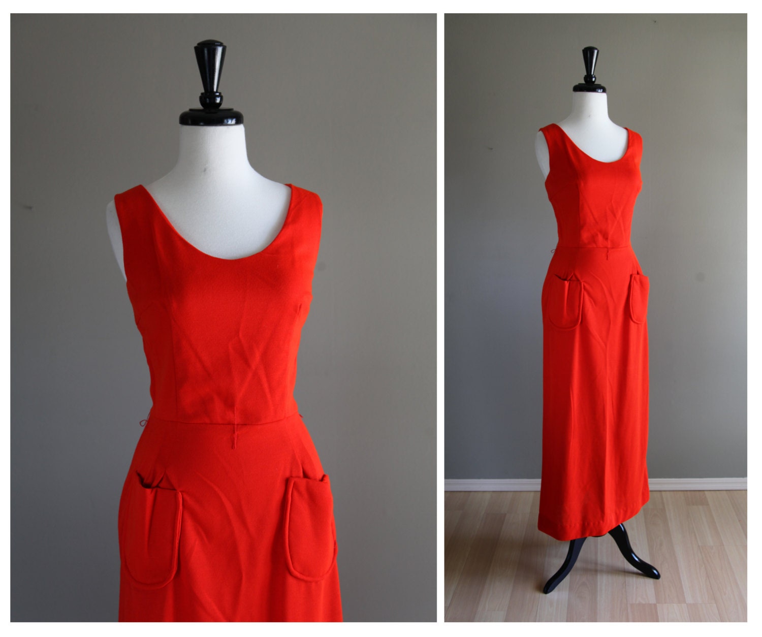 Bright Red 1960s Vintage Long Tank Dress with Hip Pockets