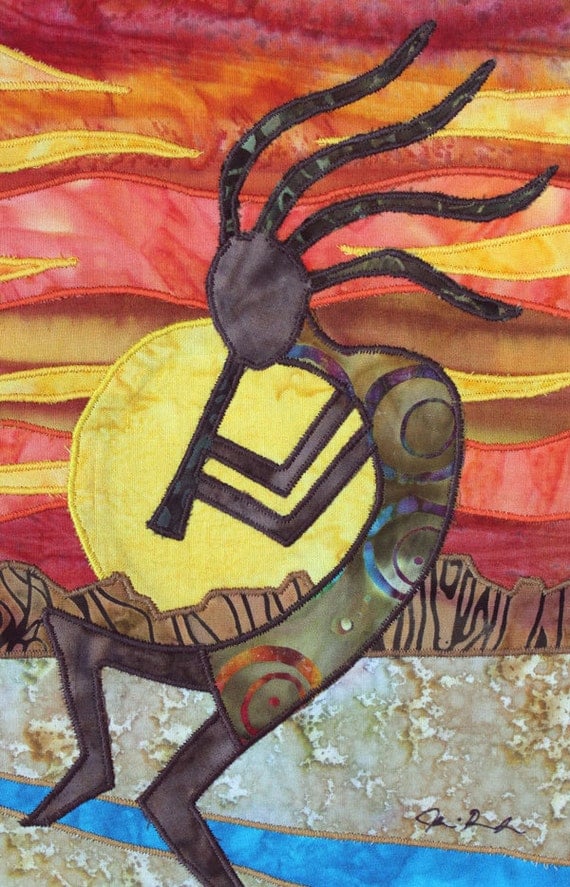 Kokopelli Native American Southwest art Art quilt on