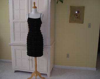 70's sexy fringe black cocktail dress with fringe, sequins, and iridescent beads, wiggle dress