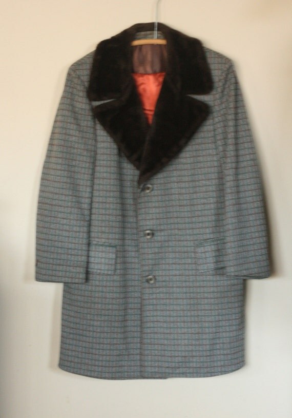 vintage mens polyester winter coat with faux fur collar size