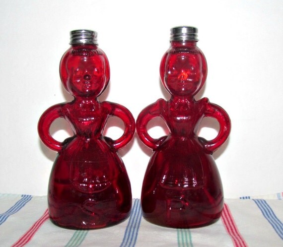 Vintage Red Cranberry Glass Salt & Pepper Shakers Sassy Maids