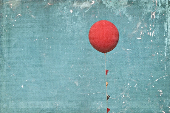 Big Red Balloon Minimal Whimsical Wall Art Print Poster painterly canvas texture rustic vintage charm nursery decor playful small to large