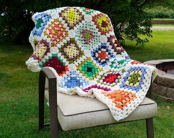 Granny Square Afghan Crochet Blanket Multi Colored Afghan Throw Sofa Throw Handmade Home Decor Blanket Crocheted Traditional Country